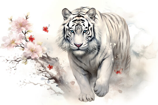 Image of tiger with pink cherry blossoms in ancient chinese style. Wildlife Animals. Nature. Illustration, Generative AI.