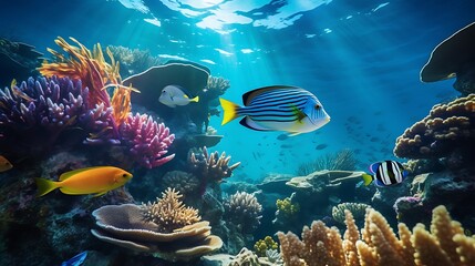 Fototapeta na wymiar underwater exploration of a vibrant coral reefs and tropical fish. AI generative