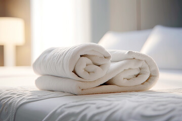 Fototapeta na wymiar Sunlight to the clean white towels on the hotel bed: feels cozy, comfortable and relax