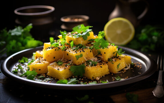 Close-up of khaman dhokla, a Gujarati snack