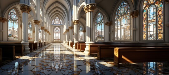 An image of a Christian church's serene interior, with stained glass windows and a cross.Generated...