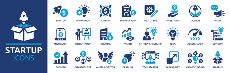 Startup icon set. Containing innovation, business plan, investment, launch, funding, investor and entrepreneurship icons. Solid icon collection. Vector illustration. - obrazy, fototapety, plakaty
