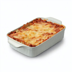 Meat lasagna on a white isolated background. toning , freshly baked lasagna in the form of baking on a white background. traditional Italian cuisine. Generative AI 