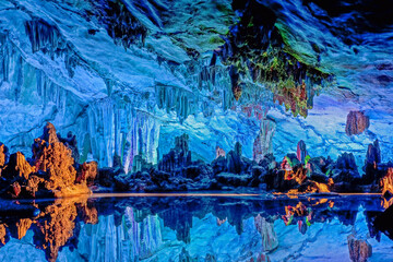 Beautifully illuminated Reed Flute Caves located in Guilin, Guangxi, China,
