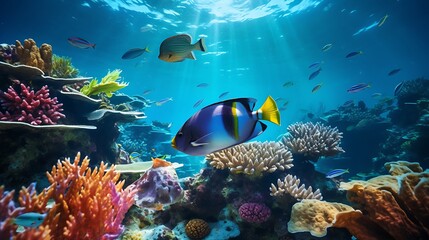 Fototapeta na wymiar underwater exploration of a vibrant coral reefs and tropical fish. AI generative