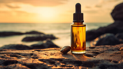 Amber dropper bottle with extract in beach on a sunset - Cosmetic product mockup 2oz glass tincture bottle in a beautiful sunset  - obrazy, fototapety, plakaty