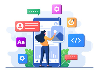 Mobile UI/UX development concept flat illustration, Mobile application blocks on smartphone screen, Mobile app interface, Web development, Smartphone with interface elements, Mobile app development