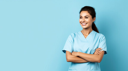 Caucasian healthcare worker with crossed arms in a blue studio background with copy space ,  Positive person looking at the camera
