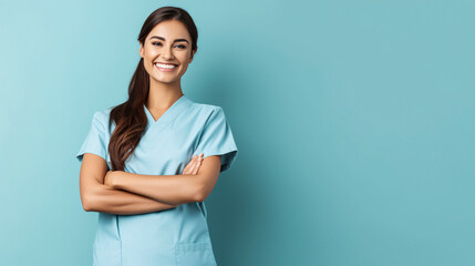 Attractive Caucasian nurse with crossed arms in a blue studio background with copy space ,  Positive person looking at the camera