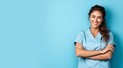 Portrait of a beautiful medical assistant smiling and standing with arms crossed in a blue background - obrazy, fototapety, plakaty