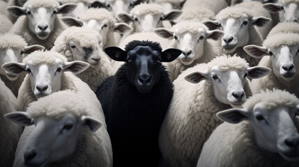 positive attitude - flock of sheep in a field - black sheep surrounded by white sheep