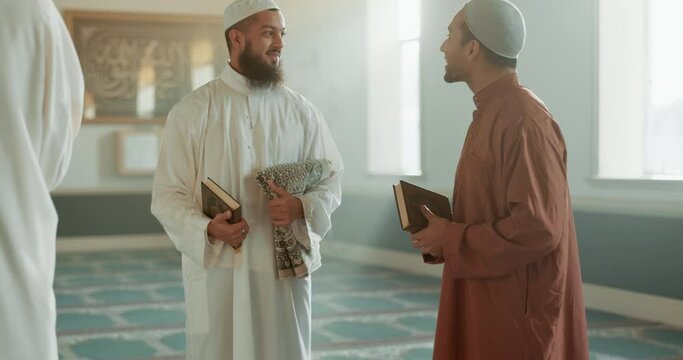 Islam, men and talking in mosque for religion advice, spirituality or learning Friday prayer to God. Muslim friends, people or community for culture, Eid Mubarak or praise Allah as revert and leader