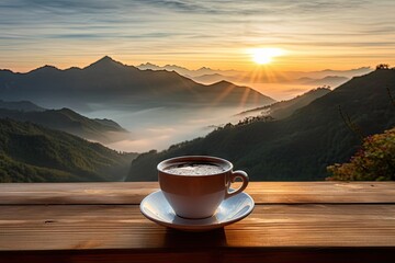 Naklejka na ściany i meble Morning Bliss. Sipping Fresh Espresso in Natural Setting. Cappuccino with View. Enjoying Coffee in Mountains at Sunrise