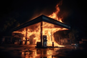 Gasoline dispenser on fire with flames going all.