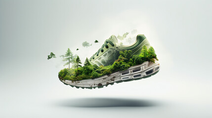 Carbon-Footprint Conscious foot ware, shoe made out of plants and trees,   Sustainability in manufacturing concept - obrazy, fototapety, plakaty