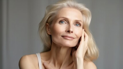 Beautiful middle aged woman touching her face, Doing morning face care routine.