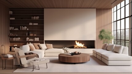 Beige living room interior with sofa at modern house.