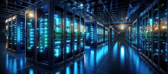A clean and efficient data center with rows of server racks in a controlled environment.Generated with AI