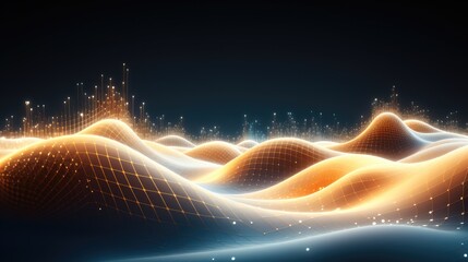 Digital Music Wave Forms, Big data visualization, Musical stream of sounds, Abstract background with interlacing dots.