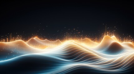 Digital Music Wave Forms, Big data visualization, Musical stream of sounds, Abstract background with interlacing dots.