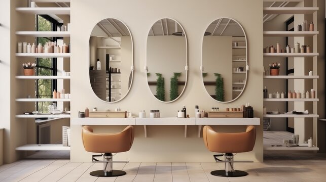 Beige salon interior with chairs in row and cosmetics on shelf, Mirrors, Hairdressing and beauty salon.