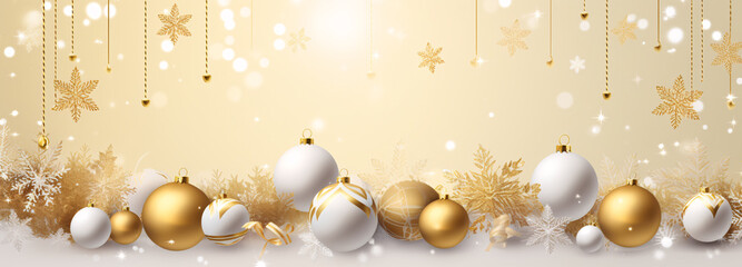 Obraz na płótnie Canvas Snow flakes and Christmas balls with decoration on shiny background seasonal website banner background