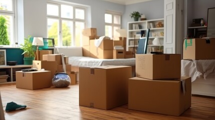 Cardboard boxes in dorm room on moving day, Unpacking cardboard boxes.