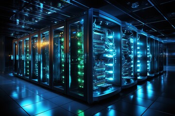 A clean and efficient data center with rows of server racks in a controlled environment.Generated with AI