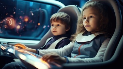 Two children are ride in a self driving car controlled by an artificial intelligence autopilot Future technologies.
