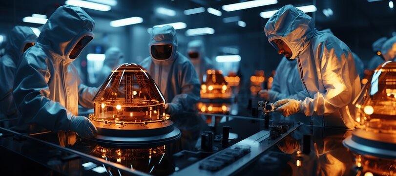 A high-tech semiconductor manufacturing facility with engineers in cleanroom suits. Generated with AI
