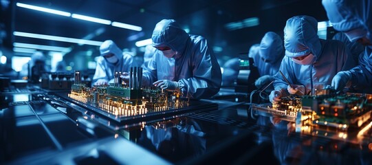 A high-tech semiconductor manufacturing facility with engineers in cleanroom suits. Generated with AI