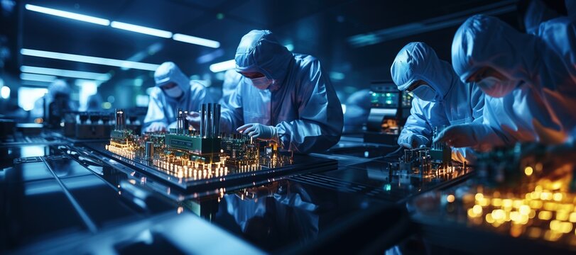 A high-tech semiconductor manufacturing facility with engineers in cleanroom suits. Generated with AI