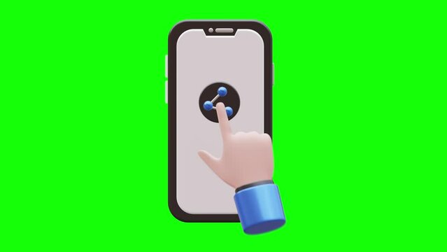 Hand Clicks Share Button 3D Animation on Smartphone with Green Screen Background