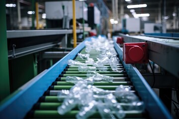 Conveyor belt with plastic recyclables on it in a facility, Waste management concept.