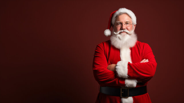 Smiling Santa crossing arms confidently- retired old man wearing a Santa costume banner with copy space x-mas costume gloves coat isolated red color background