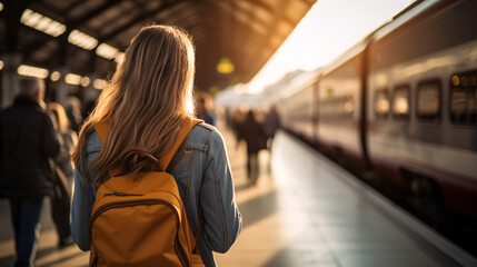 woman with backpack going on a trip from backside in a train station - waiting for a train in a evening  , public travel concept  - obrazy, fototapety, plakaty