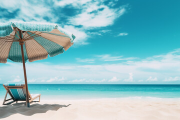 the tropical beach moment with towel under the parasol with turquoise sea in the background