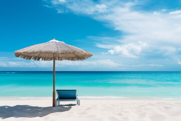 Fototapeta premium the tropical beach moment with towel under the parasol with turquoise sea in the background