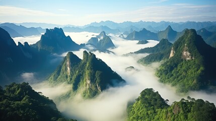 Fog and mountain peaks in China.
