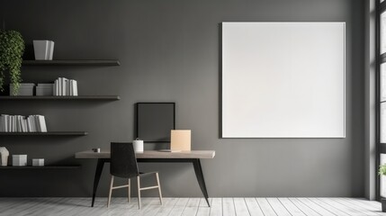 Business room interior with desk and laptop.