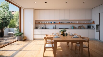 Inside kitchen and dining room in the minimalist house.