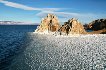 Lake Baikal in December. Cape Burkhan on Olkhon Island at the beginning of winter. A famous...