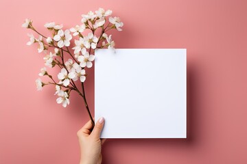hand holding  cherry blossom branch and piece of paper on pink background