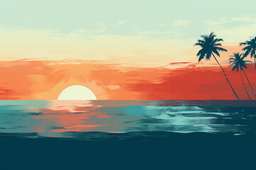 Beautiful sunset on the beach. Vector illustration in flat style