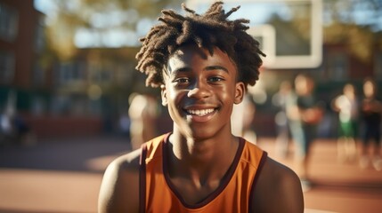 Portrait of a young African American boy smiling on a basketball court.