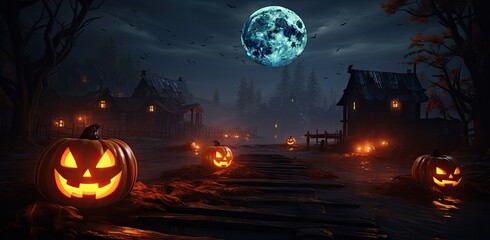 Fototapeta na wymiar Halloween landscape background with pumpkins and full moon in the spooky haunted forest.