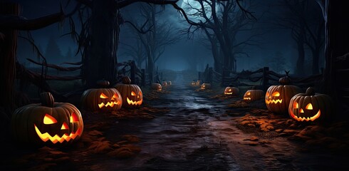 Halloween landscape background with pumpkins and full moon in the spooky haunted forest.