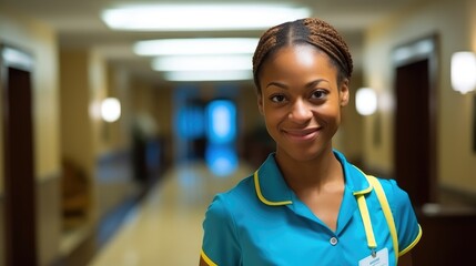 Portrait of African American woman working as a cleaning lady in a hotel.