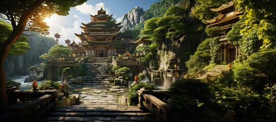 Fototapeta na wymiar A serene Buddhist temple nestled in lush greenery, showcasing peaceful meditation spots.Generated with AI