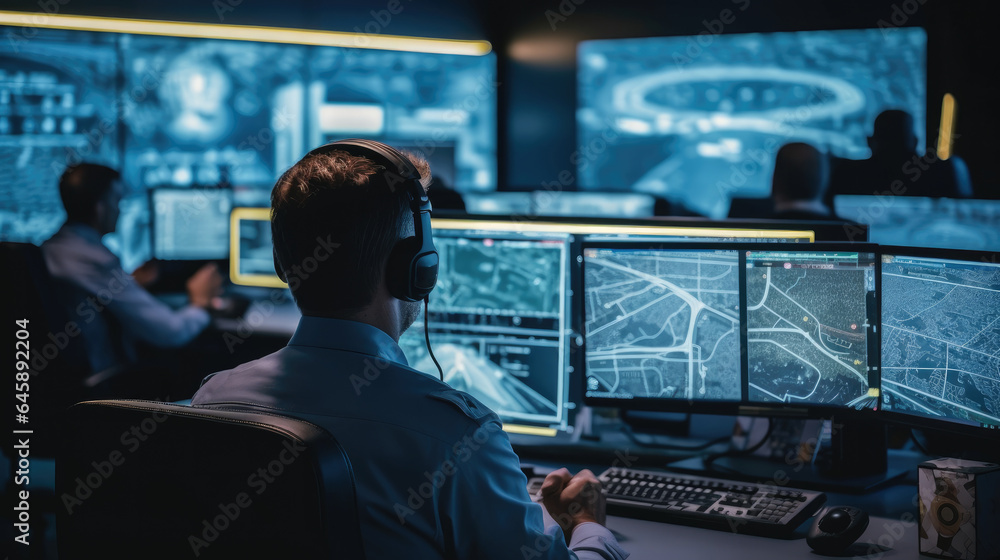Poster fleet manager using headphones with built-in mic for communication with delivery vehicles at monitor